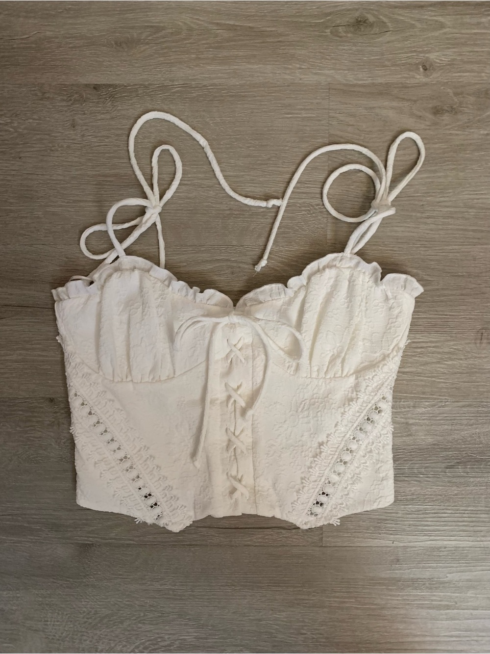 White Lace-Up Bustier Crop Top with Ruffle Trim and Tie Spaghetti Straps